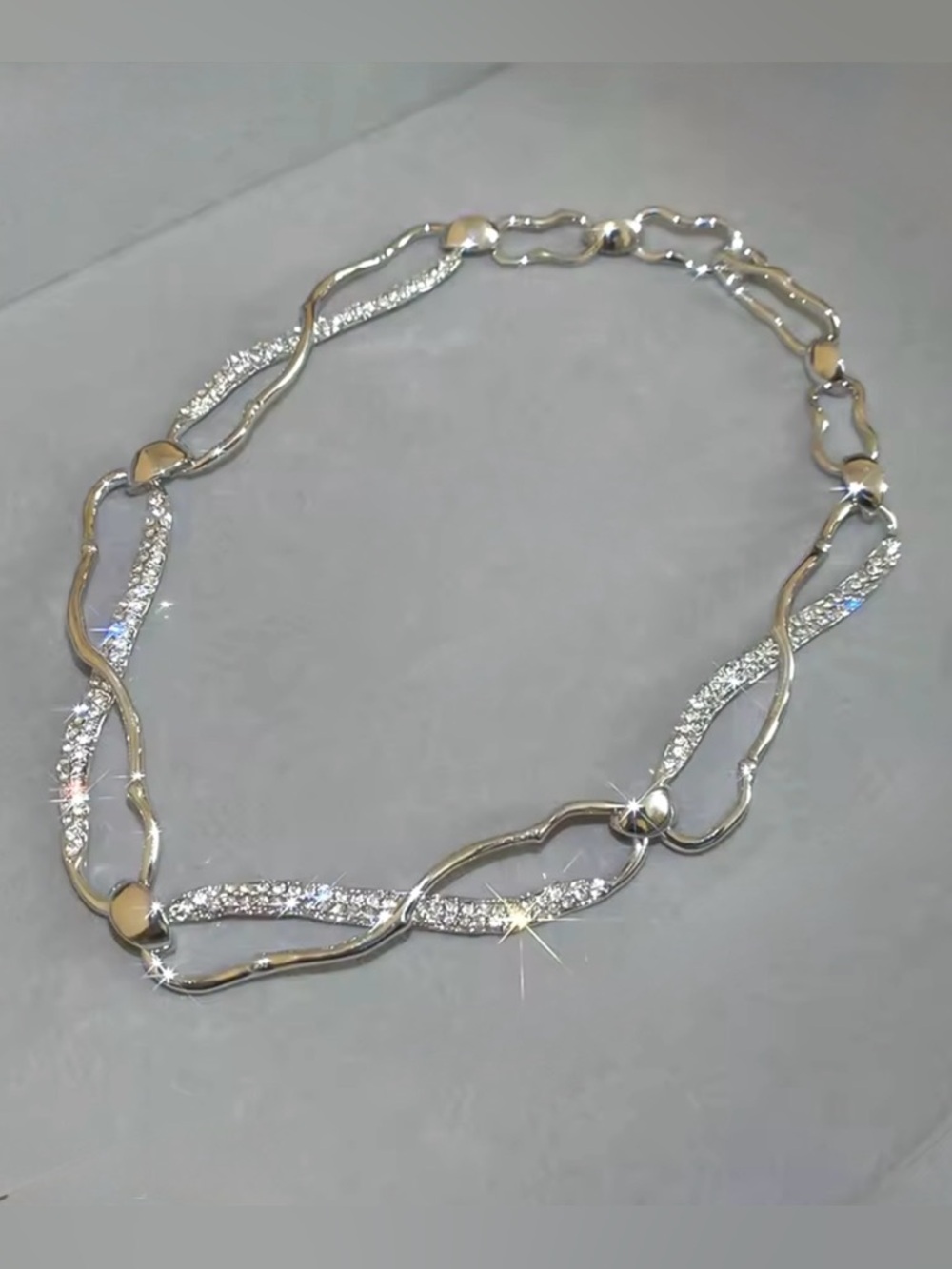 Infinity Link Collar Necklace Molten Metal Silver Clear CZ MY04